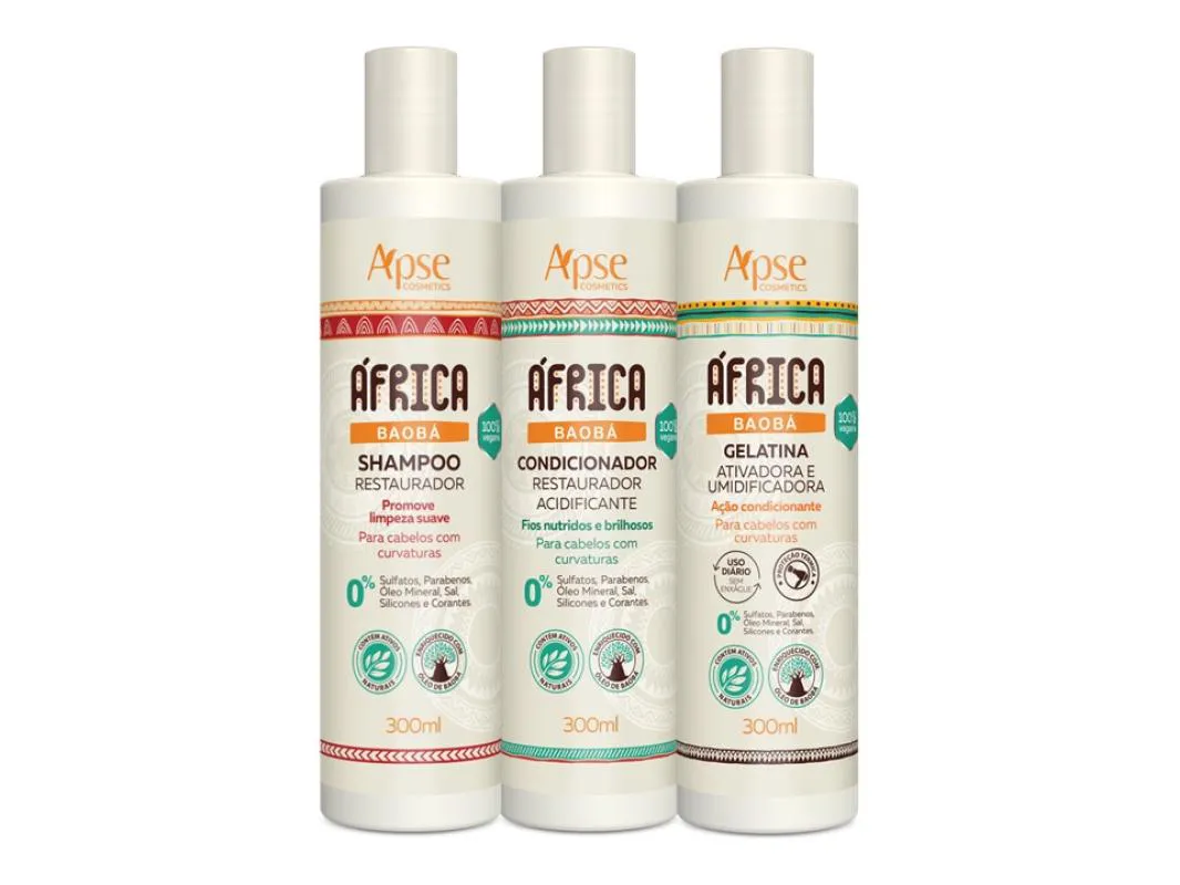 KIT APSE SHAMPOO, CONDICIONADOR E GELATINA ÁFRICA 300ML