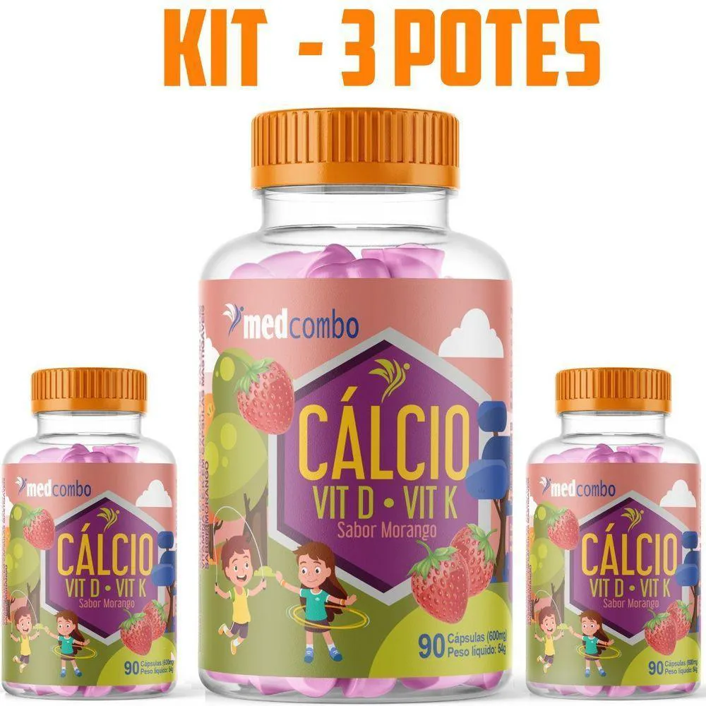 KIT COM 3 POTES CáLCIO KIDS 90 CAPSULAS SABOR MORANGO 600MG MEDCOMBO