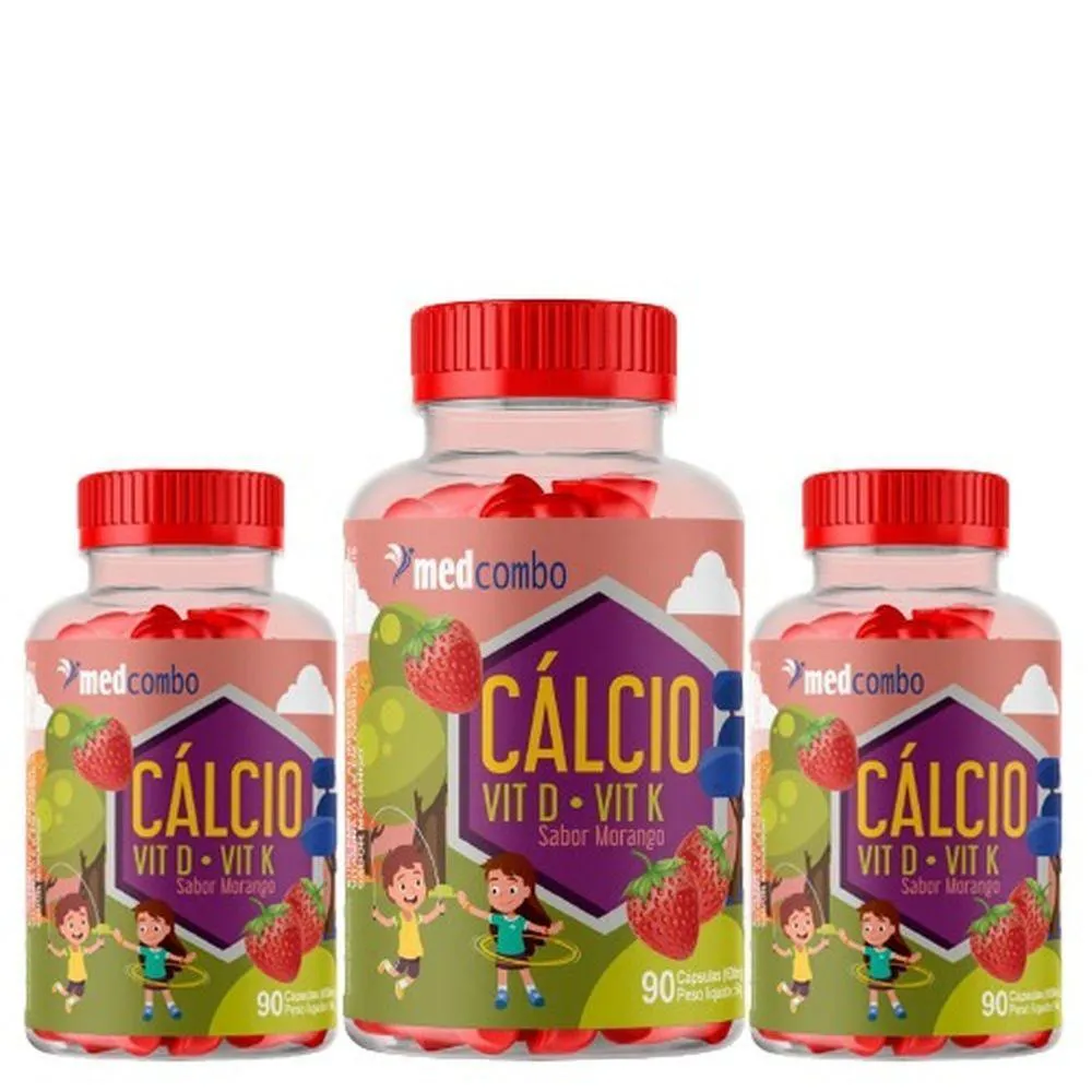KIT 3 POTES CáLCIO KIDS CAPSULAS SABOR MORANGO 600MG MEDCOMBO